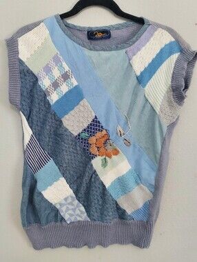 Vintage 20 Ans Patchwork Mixed Media Knit Vest By Mariea Kim Denim Blue S/M